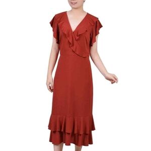 NY Collection Women's Petite Flutter Sleeve Ruffle Midi Dress Sz.‎ Small Rust